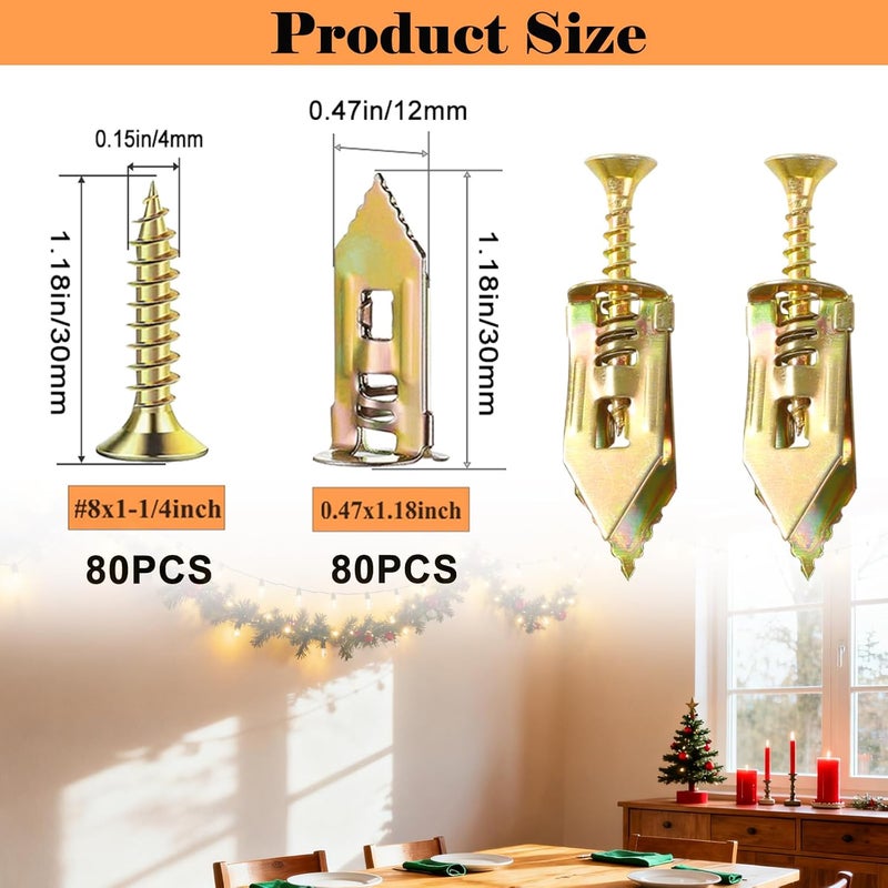 Sunxeke 160Pcs Self Drilling Drywall Anchors for Christmas Decor,80 Sheetrock Anchors & 80 Zinc Expansion Screws,No Drill Needed Wall Anchors with Screws,Hold Up to 66lbs for Picture Frame,Shelves - Image 2